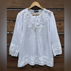 S.R. Fashion White Boho Tunic 3/4 Sleeves Semi Sheer Embroidered Cotton Blouse